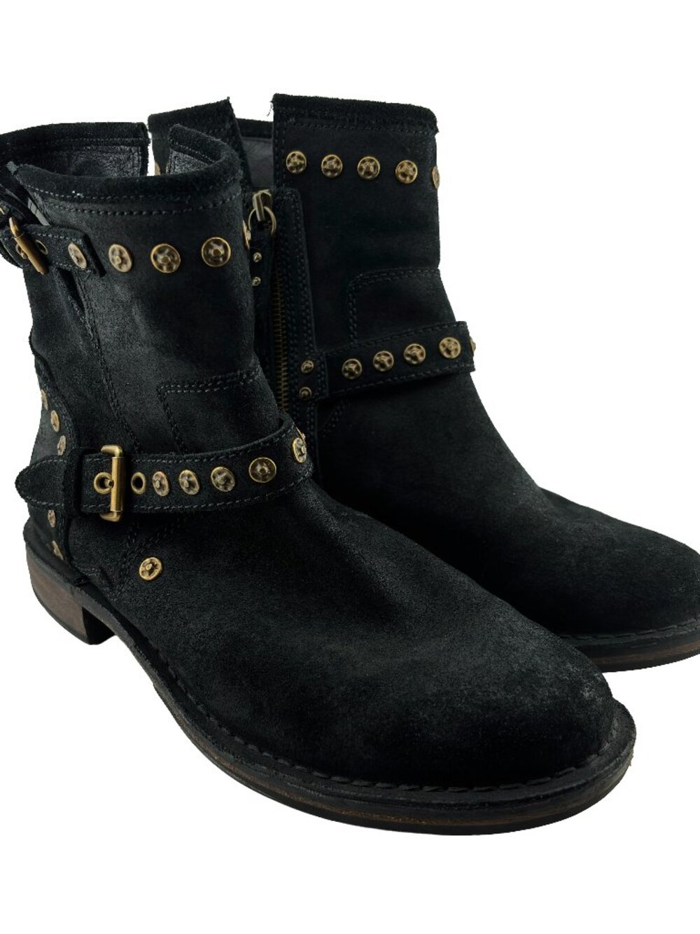 UGG Blaise Black Studded Harness Moto Leather Boots Womens 8.5